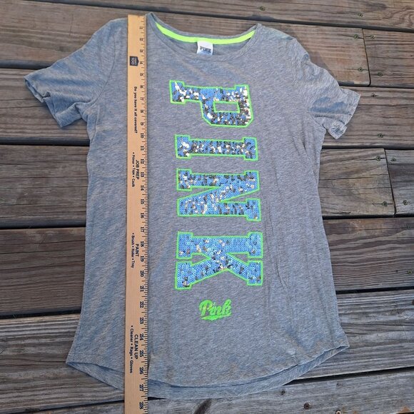 Victorias Secret PINK Heather Gray Sequin Logo Womens Tee M Cotton Blend *READ* - Picture 7 of 10